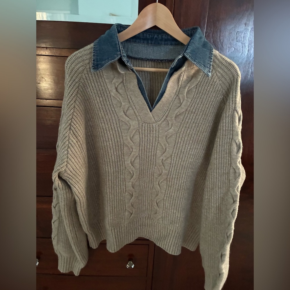 NWOT Women’s XL Commense Denim Lapel Cable Knit Sweater
